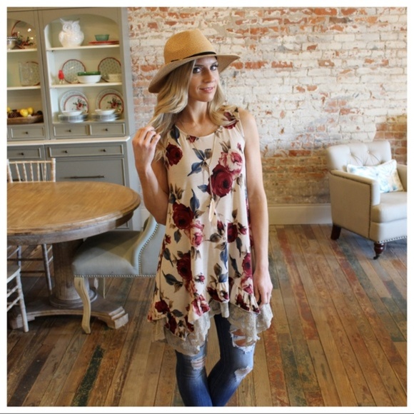 Infinity Raine Tops - Just Restocked! Taupe Floral Lace Trim Tunic